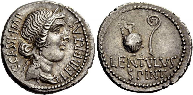 The Roman Republic 
 C. Cassius Longinus with Lentulus Spinther. Denarius, mint...