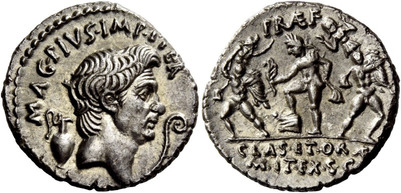 The Roman Republic 
 Sextus Pompeius. Denarius, Sicily 37-36, AR 3.57 g. 
 Des...