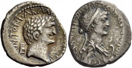 The Roman Republic 
 M. Antonius and Cleopatra. Denarius, mint moving with M. Antonius 32, AR 3.64 g. 
 Description: ANTONI· ARME[NIA·DEVICTA] Head ...