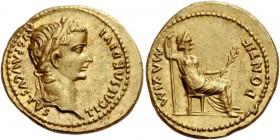 The Roman Empire 
 Tiberius, 14 – 37. Aureus, Lugdunum 14-37, AV 7.87 g. 
 Description: TI CAESAR DIVI – AVG F AVGVSTVS Laureate head r. Rev. PONTIF...