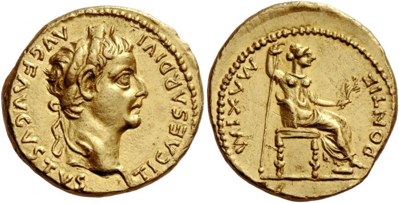 The Roman Empire 
 Tiberius, 14 – 37. Aureus, Lugdunum 14-37, AV 7.64 g. 
 Des...