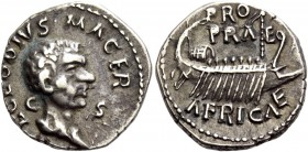 The Roman Empire 
 Clodius Macer, 68. Denarius, Carthago (?) April-October (?) 68, AR 3.64 g. 
 Description: L CLODIVS·MACER Bare head of Clodius Ma...