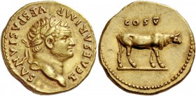 The Roman Empire 
 Titus caesar, 69 – 79. Aureus, Roma 76, AV 7.40 g. 
 Description: T CAESAR IMP VESPASIANVS Laureate head r. Rev. COS V Cow walkin...