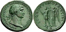 The Roman Empire 
 Trajan, 98 – 117. Sestertius, Roma circa 107-110, Æ 28.50 g. 
 Description: IMP CAES NERVAE TRAIANO AVG GER DAC P M TR P COS V P ...
