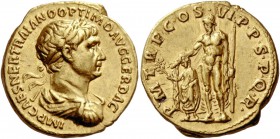 The Roman Empire 
 Trajan, 98 – 117. Aureus, Roma 114-115, AV 7.19 g. 
 Description: IMP CAES NER TRAIANO OPTIMO AVG GER DAC Laureate, draped and cu...
