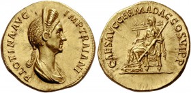 The Roman Empire 
 Plotina, wife of Trajan. Aureus, Roma 112-August 117, AV 7.24 g. 
 Description: PLOTINA AVG IMP TRAIANI Diademed and draped bust ...