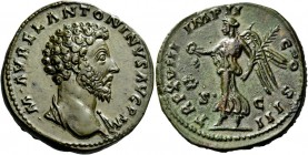The Roman Empire 
 Marcus Aurelius augustus, 161 – 180. Sestertius, Roma 164, Æ 25.16 g. 
 Description: M ΛVREL ΛNTONINVS ΛVG P M Bare-headed and dr...