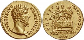 The Roman Empire 
 Lucius Verus, 161-169. Aureus, Roma 163-164, AV 7.32 g. 
 Description: L VERVS AVG - ARMENIACVS Bare head r. Rev. TR P III – I – ...