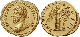 The Roman Empire 
 Lucius Verus, 161-169. Aureus, Roma 166, AV 7.23 g. 
 Description: L VERVS AVG ARM PARTH MAX Laureate and cuirassed bust l., seen...