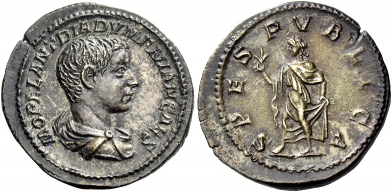 The Roman Empire 
 Diadumenian caesar, 217 – 218. Denarius, Roma 218, AR 3.10 g...