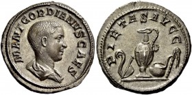 The Roman Empire 
 Gordian III caesar, April – June 238. Denarius, Roma 238, AR 3.17 g. 
 Description: M ANT GORDIANVS CAES Bare-headed and draped b...