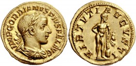 The Roman Empire 
 Gordian III augustus, 238 – 244. Aureus, Roma 241-243, AV 4.60 g. 
 Description: IMP GORDIANVS PIVS FEL AVG Laureate, draped and ...