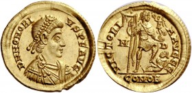 The Roman Empire 
 Honorius, 393 – 423. Solidus, Mediolanum 394-395, AV 4.40 g. 
 Description: D N HONORI – VS P F AVG Pearl-diademed, draped and cu...