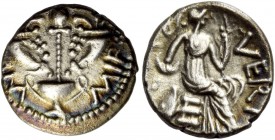 Celtic Coinage 
 Britain. Atrebates and Regni. Unit, Verica circa 10-40, AR 1.27 g. Thyrsus between two cornuacopiae, all issuing from kantharos. Rev...