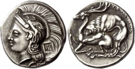 Greek Coinage 
 Lucania, Velia 
 Nomos circa 280, AR 7.59 g. Head of Athena l., wearing crested Attic helmet decorated with Pegasus; above vizor, A ...