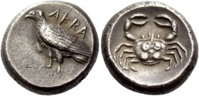 Greek Coinage 
 Sicily, Agrigentum 
 Didrachm circa 510-472, AR 8.27 g. AKRA Eagle standing l. with closed wings. Rev. Crab. SNG Copenhagen 25. Dewi...