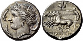 Greek Coinage 
 Syracuse 
 Tetradrachm circa 310-305, AR 16.94 g. Head of Persephone l., wearing barley wreath, triple-pendant earring and necklace;...
