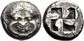 Greek Coinage 
 Neapolis 
 Stater circa 525-475, AR 9.56 g. Gorgoneion facing. Rev. Quadripartite incuse square. Dewing 1064. SNG ANS 223. Svoronos,...