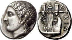 Greek Coinage 
 Olynthus, Chalcidian League 
 Tetradrachm circa 412-410, AR 14.34 g. Laureate head of Apollo l. Rev. [C] - A - L / KID / [EWN] Seven...