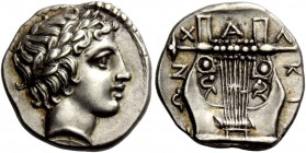 Greek Coinage 
 Olynthus, Chalcidian League 
 Drachm circa 392-383, AR 2.43 g. Laureate head of Apollo r. Rev. X – A – Λ – KI[Δ – E]ΩN Six-stringed ...