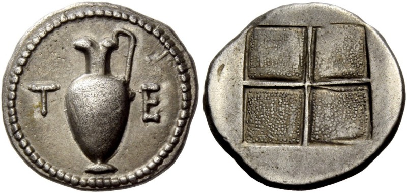 Greek Coinage 
 Terone 
 Tetrobol circa 480-450, AR 2.39 g. T – E Amphora. Rev...