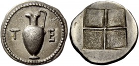 Greek Coinage 
 Terone 
 Tetrobol circa 480-450, AR 2.39 g. T – E Amphora. Rev. Quadripartite incuse square. Dewing 1080. SNG Copenhagen 337. SNG AN...