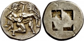 Greek Coinage 
 Islands off Thrace, Thasos 
 Stater circa 525-463, AR 9.37 g. Naked ithyphallic satyr supporting nymph under thighs with r. arm, the...