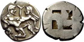 Greek Coinage 
 Islands off Thrace, Thasos 
 Stater circa 525-463, AR 9.33 g. Naked ithyphallic satyr supporting nymph under thighs with r. arm, the...