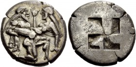 Greek Coinage 
 Islands off Thrace, Thasos 
 Stater circa 525-463, AR 8.95 g. Naked ithyphallic satyr supporting nymph under thighs with r. arm, the...