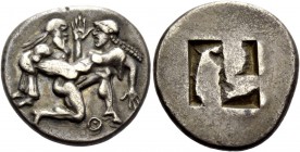 Greek Coinage 
 Islands off Thrace, Thasos 
 Stater circa 525-463, AR 8.27 g. Naked ithyphallic satyr supporting nymph under thighs with r. arm, the...