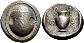 Greek Coinage 
 Boeotia, Thebes 
 Stater circa 425-400, AR 11.98 g. Boeotian shield with club across upper half. Rev. Q – E Amphora with fluted shou...