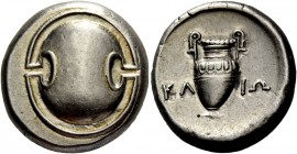 Greek Coinage 
 Boeotia, Thebes 
 Stater circa 379-338, AR 12.16 g. Boeotian shield. Rev. KΛ - ΙΩ Amphora with fluted shoulders. BCD Boiotia 531. SN...