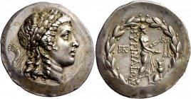 Greek Coinage 
 Aeolis, Myrina 
 Tetradrachm circa 165-160, AR 16.43 g. Laureate head of Apollo r. Rev. MYPINAIΩN Apollo Grynios standing r., holdin...
