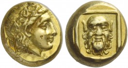 Greek Coinage 
 Lesbos, Mytilene 
 Hecte circa 377-326, EL 2.56 g. Head of Dionysus r., wearing ivy wreath. Rev. Head of Silenus facing, within squa...