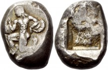 Greek Coinage 
 Caria, Uncertain 
 Stater circa 500-480 BC, AR 11.94 g. Nude male deity, with curved wings and winged feet, advancing l. Rev. Rough ...