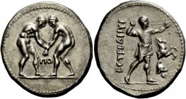 Greek Coinage 
 Pamphylia, Aspendus 
 Stater circa 330-250, AR 10.21 g. Two wrestlers grappling; in lower middle field, ΠO. Rev. ECTFEΛIIYC Slinger ...