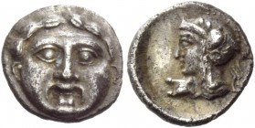 Greek Coinage 
 Pisidia, Selge 
 Obol circa 350-300 BC, AR 1.09 g. Gorgoneion. Rev. Head of Athena l., wearing crested helmet; in l. field, astragal...