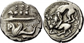 Greek Coinage 
 Phoenicia, Byblos 
 Dishekel circa 400-370 BC, AR 13.14 g. Galley l.; above three hoplites and hippocamp swimming l. below. Rev. Lio...