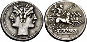 The Roman Republic 
 Quadrigatus circa 225-214, AR 6.59 g. Laureate Janiform head of Dioscuri. Rev. Jupiter, holding sceptre and hurling thunderbolt,...