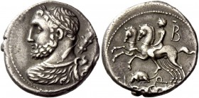 The Roman Republic 
 T. Quinctius. Denarius 112 or 111, AR 3.92 g. Bust of Hercules seem from behind, head l., club above r. shoulder. Rev. Desultor ...