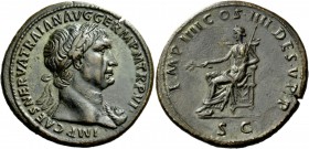 The Roman Empire 
 Trajan, 98 – 117 
 Sestertius 102, Æ 27.51 g. IMP CAES NERVAE TRAIAN AVG GERM P M TR P VI Laureate bust r., wearing aegis. Rev. I...