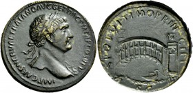 The Roman Empire 
 Trajan, 98 – 117 
 Sestertius 103-111, Æ 28.45 g. IMP CAES NERVAE TRAIANO AVG GER DAC P M TR P COS V P P Laureate head r., with a...