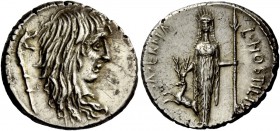 The Roman Republic 
 L. Hostilius Saserna . Denarius 48, AR 3.93 g. Female head r. with long hair; behind, carnix . Rev. L·HOSTILIVS – SASERNA Artemi...