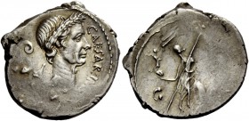 The Roman Republic 
 Iulius Caesar and M. Mettius . Denarius 44, AR 3.99 g. CAESAR·IM[P] Wreathed head of Caesar r.; behind, lituus and culullus. Rev...