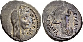 The Roman Republic 
 Iulius Caesar and P. Sepullius Macer. Denarius 44, AR 3.71 g. CAESAR – D[ICT PERPET]VO Veiled and wreathed head of Caesar r. Rev...