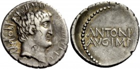 The Roman Republic 
 Marcus Antonius. Denarius, mint moving with M. Antonius 33, AR 3.80 g. ANTON·A[VG·IMP·III·COS· DE]S·III·III· V·R·P·C Head of M. ...