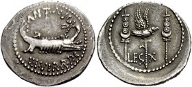 The Roman Republic 
 Marcus Antonius. Denarius, mint moving with M. Antonius 32-31, AR 3.59 g. ANT AVG – III·VIR·R·P·C Galley r., with sceptre tied w...