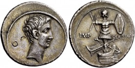 The Roman Empire 
 Octavian, 32 – 27 BC 
 Denarius, Brundisium and Roma ? circa 29-27 BC, AR 3.88 g. Bare head r. Rev. IMP – CAESAR Military trophy,...