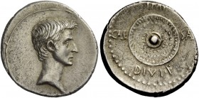 The Roman Empire 
 Octavian, 32 – 27 BC 
 Denarius, uncertain mint before 27 BC?, AR 3.91 g. Bare head r. Rev. IMP / CAE – SAR / DIVI F around shiel...