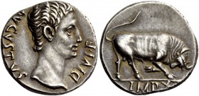 The Roman Empire 
 Octavian as Augustus, 27 BC – 14 AD 
 Denarius, Lugdunum circa 15-13 BC, AR 3.80 g. AVGVSTVS – DIVI F Bare head r. Rev. Bull butt...